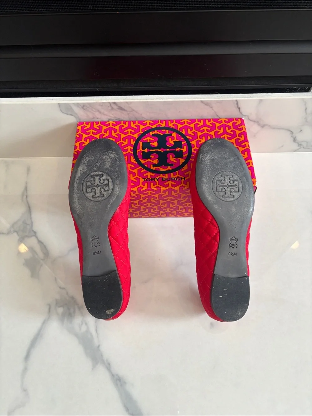 Tory Burch Bright Red Quilted Logo Flats with Gold Emblem